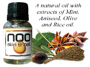 Picture of Noo oil bottle with herbal ingredients in background 
