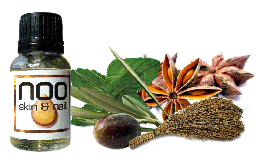 Picture of Noo oil bottle with herbal ingredients in background 